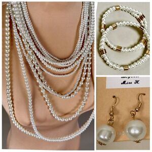 Multi Strand Necklace Layered Faux Pearl, with Bracelets and Earrings
